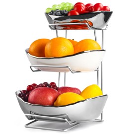 Fruit Bowl for Kitchen Counter, 3 Tier Fruit Basket for Counter, Ceramic Fruit Holder, Tiered Fruit Stand with Metal Stand, Detachable Fruit Rack for Fruit Vegetable Snack Dessert Storage (Silver)