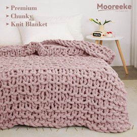 Mooreeke Chunky Knit Blanket 50"x60" Pink Soft Washable Chenille Throw Blanket Cozy 100% Handmade Crochet Blankets with Jumbo Chenille Yarn for Couch Bed Sofa Room Decor