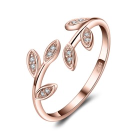 JewelryPalace Olive Leaf Cubic Zirconia Open Adjustable Rings, 14K Rose Gold Plated 925 Sterling Silver Rings for Women, Simulated Diamond Cuff Finger Thumb Band Ring, Womens Jewelry Gifts