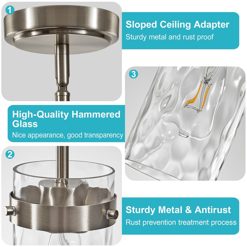 Brushed Nickel Pendant Lights Kitchen Island 4.72" Hammered Glass 2