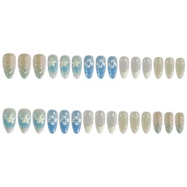 Almond Press on Nails Medium 3D Floral Fake Nails French Tip False Nails with Hibiscus Pearls Water Drop Glitter Designs Blue&Green Summer Acrylic Nail Glossy Glue on Nail for Women Girls 24Pcs