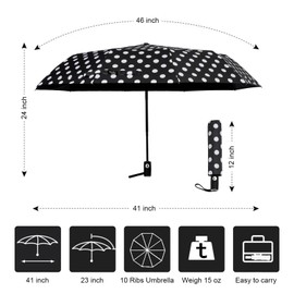 Agaric Cute Polka Dots Large Travel Umbrella, 46” UV Protection Auto Open Close Water-Resistant Folding Umbrella Windproof Compact (Black)