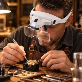  Hand-Free Magnifier for for Reading, Crafts, Detailed Work and Inspection  – Head-Mounted Magnifier 1.0X 1.5X 2.0X 2.5X 3.5X Lens & Dual LED Lights 
