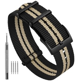Ayadoo 18mm One-Piece Military Style Nylon Watch Band, Black+Beige Watch Strap with Black Buckle