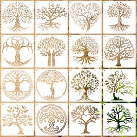 16 PCS 6 x 6 Inch Tree of Life Stencils, Plant Reusable Plastic Paint Templates for Painting on Wood, Trees Stencils Set for Rock Canvas Drawing Art Fabric Tile Home DIY Craft Decoration