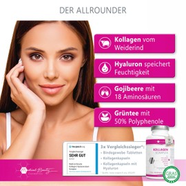 Medical Beauty Cosmetics Premium Kollagen Hyaluronsäure Komplex - mit dem Superfood Gojibeere und Grüntee - 180 Kollagen Kapseln vom Weiderind. 1000mg Kollagen Hydrolysat, Biotin, Selen, Zink, Vitamine C, B2, B3.