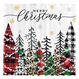 Funnytree 72"x72" Buffalo Check Plaid Merry Christmas Trees Winter Xmas Snowflakes Farmhouse Home Bath Bathtub Shower Curtain for Bathroom Decor Machine Washable (Hooks Not Included)