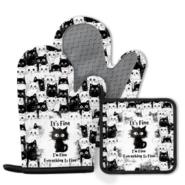 Black Cat Oven Mitts and Pot Holders Sets 3PCS, Cat Silicone Heat Resistant Oven Mitts Brithday Gifts for Cats Lover, Cute Cats Pot Holder Non-Slip Silicone Oven Gloves for Mom Wife Sister BFF