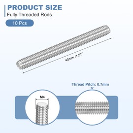 uxcell 10Pcs M4-0.7x40mm Fully Threaded Rods, Threaded Rods Bar Studs, 304 Stainless Steel Long Thread Screws Hardware for U-Bolts, Anchors, Clamps, Hangers, Silver