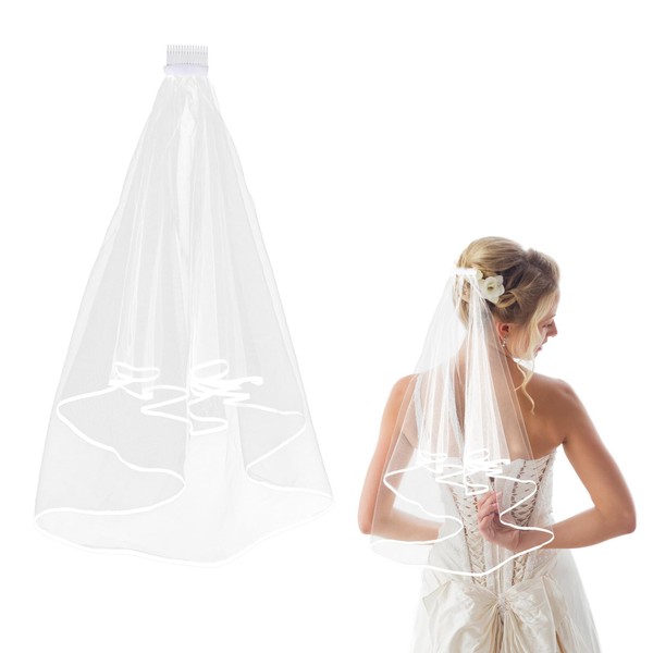 Amaxiu Short Wedding Bridal Veil with Comb, 2 Tier Tulle Bride Veil Elbow Length Wedding Veil Ribbon Edge 60-80cm/23-31in