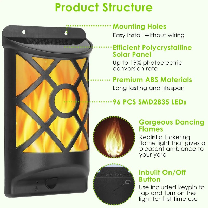 96 LEDs Flame Flickering Solar Garden Lights Waterproof Wall Mount
