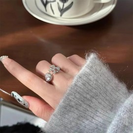 Kokoma Daimond Heart Bow Finger Ring for Women Shiny CZ Crystal Open Statement Ring Bow Knot Band Love Heart Eternity Promise Wedding Ring Band Fashion Jewelry (Silver)