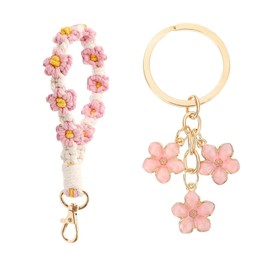 nuluxi Pack of 2 Flower Keyrings, Boho Key Chain, Band, Macrame Lanyard, Short Key Pendant, Girls Gift for Women (Pink), pink