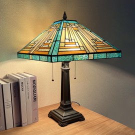 Capulina Tiffany Table Lamp Mission Style Tiffany Lamp 2-Light 16X16X24 Inches Amber Green Style Stained Glass Desk Lamp Decor for Bedrooms Living Room Study Home Office