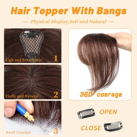 Clip In Fringe Bangs 360° 3D Cover Clip in Bangs 100% Real Human Hair Toppers with Bangs，Light Brown Hair pieces Clip on Bangs for Women Fake Bangs for Daily Wear