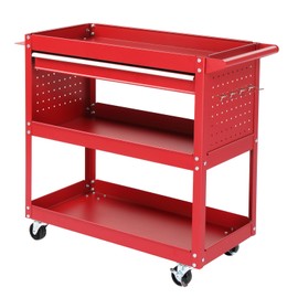 3-Tier Rolling Tool Cart with Pegboard & Drawer – Heavy Duty 330lb Steel Utility Cart, 4 Locking Wheels, Red – Garage, Workshop, Warehouse Storage Organizer Utility Cart Wagon