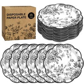 Kochorie 100 Pieces Black Flower Paper Plates 7 Inches Disposable Floral Paper Plates Scalloped Black Chinoiserie Vintage Flower Dessert Plate for Wedding Birthday Holiday Party Decor Supplies