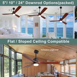 Sofucor 60 inch Ceiling Fan with Lights and Remote, Modern Large LED Ceiling Fan with 3 Walnut Blades and 3 Black Downrods, for Indoor Living Room Bedroom Outdoor Patio Porch, Reversible DC Motor