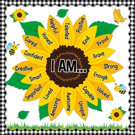 Sunflower Affirmation Station Bulletin Board Motivational Classroom Bulletin Board Decors Positive I Am Affirmations Cutouts for Growth Mindset Summer Flower Back to School Office Wall Door Supplies