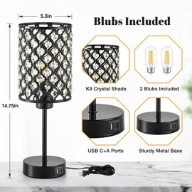 Touch Control Table Lamp, Black Crystal Table Lamps Set of 2 with 2 USB Charging Ports, 3-Way Dimmable Bedside Nightstand Lamps for Living Room, Bedroom, Guest Room, Bulbs Included