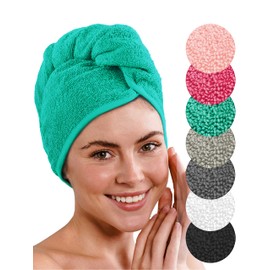 Laynenburg Premium hair turban with button made of 100% cotton - hair towel incl. 4 Hair Bobbles - for Short and Long Hair - Turban Towel is Quick Drying and Absorbent (Turquoise)