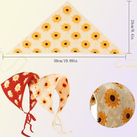 Pack of 2 Floral Triangle Bandana Headband, Boho Headband, Crochet Floral Bandana, Adjustable Women's Headdress, Summer, Suitable for Women and Girls (Orange and Cream White, 01)