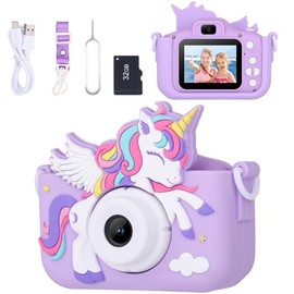 Envyvip Unicorn Toys Cámara para niños y niñas de 3 a 8 años, cámara digital para niños pequeños, regalos de Navidad y cumpleaños para niñas de 3, 4, 5, 6, 7, 8 años, bonita cámara de video selfie, HD 1080P, tarjeta SD de 32 GB, color morado