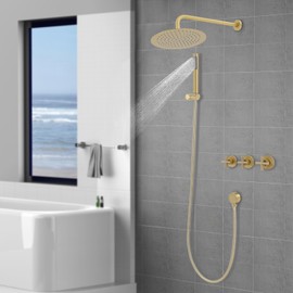 Shower System Gold Shower Faucet Set with 10 Inch High Pressure Round Rain Shower Head and Handheld Shower, Adjustable Hot&Cold Water Wall Mounted Rainfall Shower Complete Kit, Rough-in Valve Included