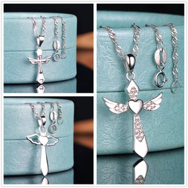 Yumilok 925 Sterling Silver Cubic Zirconia Angel Wings Heart Cross Pendant Necklace Set Chain with Pendant for Women Girls 3 Pieces, Sterling Silver Cubic Zirconia, Cubic Zirconia
