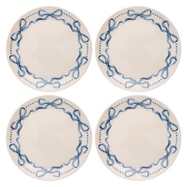 Karma, 8.75 inches Melamine Salad Plates Set of 4, Reusable Dishwasher Safe Plates for Outdoor and Indoor, Blue Bows