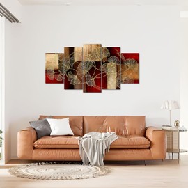 sechars Large 5 Piece Abstract Canvas Wall Art Gold Ginkgo Leaf Paintings Prints Modern Burgundy and Brown Home Living Room Wall Decoration (Red)