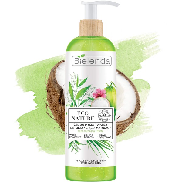 Bielenda Eco Nature - Acqua di cocco + tè verde + citronella - Gel per il lavaggio del viso, disintossicante e opacizzante, 200 g