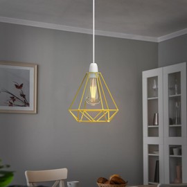 LEDSONE Modern Geometric Diamond Pendant Lampshade - Metal Wire Cage, Yellow, 13x20cm, Ideal for Living Room, Kitchen, Restaurant, Office