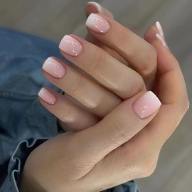 Bellelfin Press on Nails Short Square Ombre Fake Nails Cute False Nails Full Cover Acrylic Glue on Nails for Women Girls,24Pcs