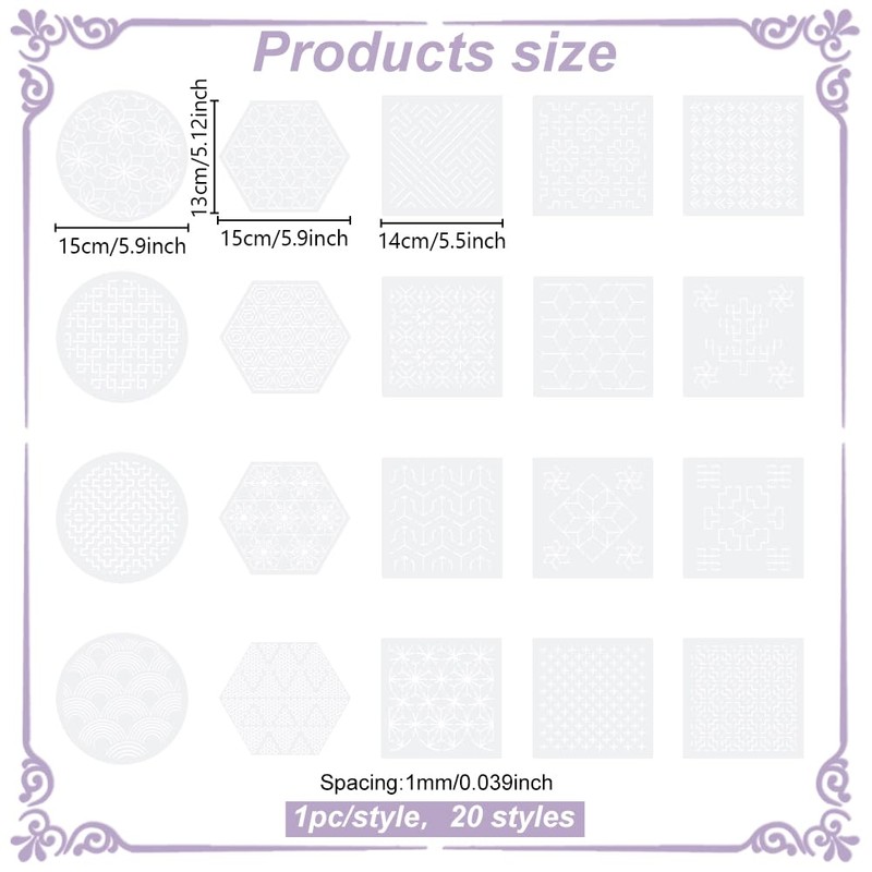 WEBEEDY 20 Styles Sashiko PET Stencils Reusable Geometric Square Circle