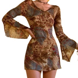 Women Tie-up Sheath Dress, Adults Vintage Print Flare Sleeve V-neck Slit Casual Light - Color: Multicolor, Size: M