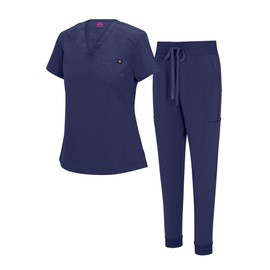 Natural Uniforms Womens Cool Stretch Modern Tuck-In Top Yoga Jogger Scrub Set (True Navy Blue, Small)