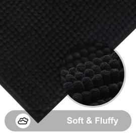 smiry Non Slip Chenille Bath Mat, 60 x 90 cm, Extra Soft Bathroom Mat, Super Absorbent Fluffy Bath Mats for Bathroom Floor, Machine-Washable Dry Bath Rug Foot Mat, Black