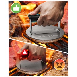 BS-VOG Burger Press, 6.3 Inch Stainless Steel Burger Smasher with Anti-Scald Handle, Non-Stick Round Hamburger Press for Griddle, BBQ Accessories Kit for Patty, Steak, Meat, Gift Package