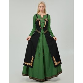 miccostumes Women's Retro Dress Medieval Viking Linen Blend Apron with Belt and Brooch, Black, Small