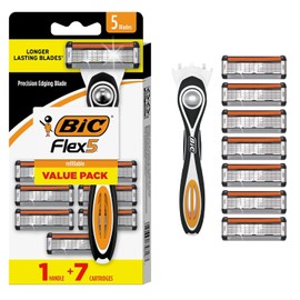 BIC Flex 5 - Maquinillas de afeitar híbridas desechables para hombres, maquinilla de afeitar sensible para un afeitado suave y cerrado, 1 mango y 7 cartuchos con 5 cuchillas