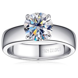 PROSTORY 2CT Solitare Moissanite Engagement Ring D Color VVS1 Lab Created Diamond Anniversary Rings Platinum Plated Sterling Silver 4 Prong Moissanite Ring for Women or Wife Gifts, Sterling Silver,