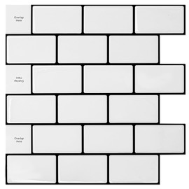 Art3dwallpanels 10-Sheet Peel and Stick Backsplash for Kitchen, 12''X12'' Peel and Stick Tile, Modern Subway Design, White with Black Grout