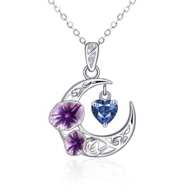 Qings September Sapphire Birthstone Necklace Sterling Silver 925 Crescent Moon Birth Flower Morning Glory Pendant Necklace Birth Stone Birthday Gifts for Women Mom Wife