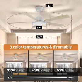 TALOYA 52 Inch White Smart Ceiling Fans with Lights Led Remote Control Flush Mount Low Profile for Bedroom Living Dining Room Outdoor Farmhouse Patio,Reversible,DC Motor,3 Color Temperatures,5 Blades