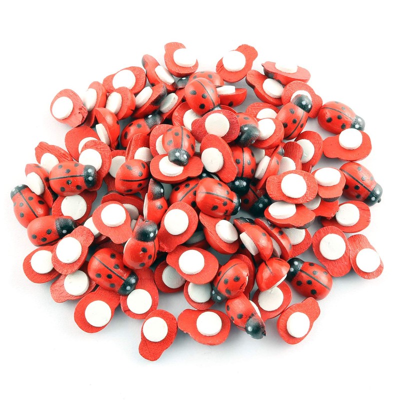 Tegg Wooden Ladybug Sticker 100PCS 3D Tiny Red Ladybird Flatback