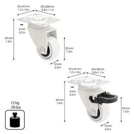 WAGNER Design 3C 02222604 Furniture Castors 4 Pieces White Soft Running Surface Diameter 25 mm Height 40 mm 2 Castors Each with & without Lock Mounting Plate 30 x 40 mm Load Capacity 12 kg/Roll