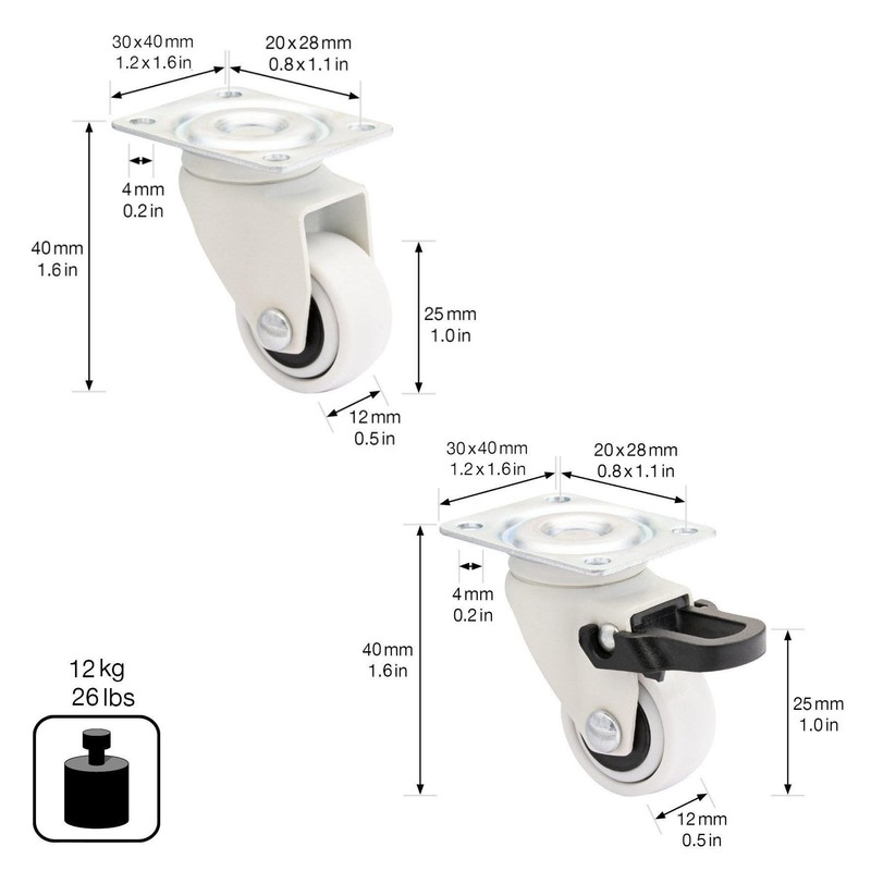 WAGNER Design 3C 02222604 Furniture Castors 4 Pieces White Soft
