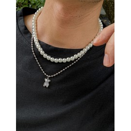 Pearl Necklace for Men Pearl Layered Pearl Necklace White Pearl Choker Necklace Faux Pearl Necklace for Boys (Silver)
