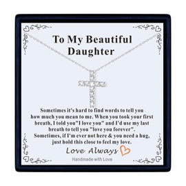 CZ Cross Necklace for Women,Silver Chain with Cross Pendant for Daughter with Message Card